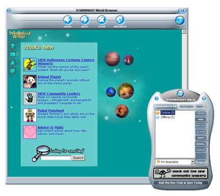 Archival Starbright World browser with floating spherical navigation elements